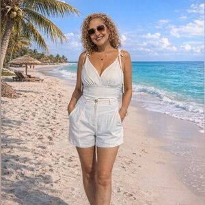 Chic High Waist White Shorts with Matching halter in a  light off white beige